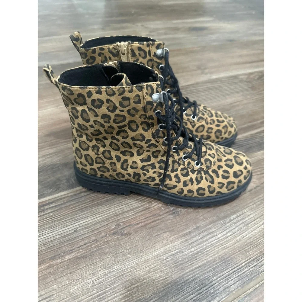 Old Navy Combat Boots Girls‎ Size 5 Brown Leopard Print Edgy Animalier